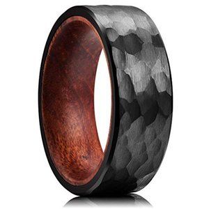 Men's Tungsten Wedding Band (8mm). Black Hammered Finish Tungsten w/ Inner Wood